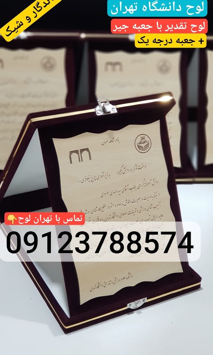 لوح تقدیر دانشگاه تهران با جعبه جیر و مخمل